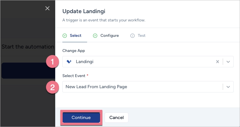 wybierz Landingi w SureTriggers