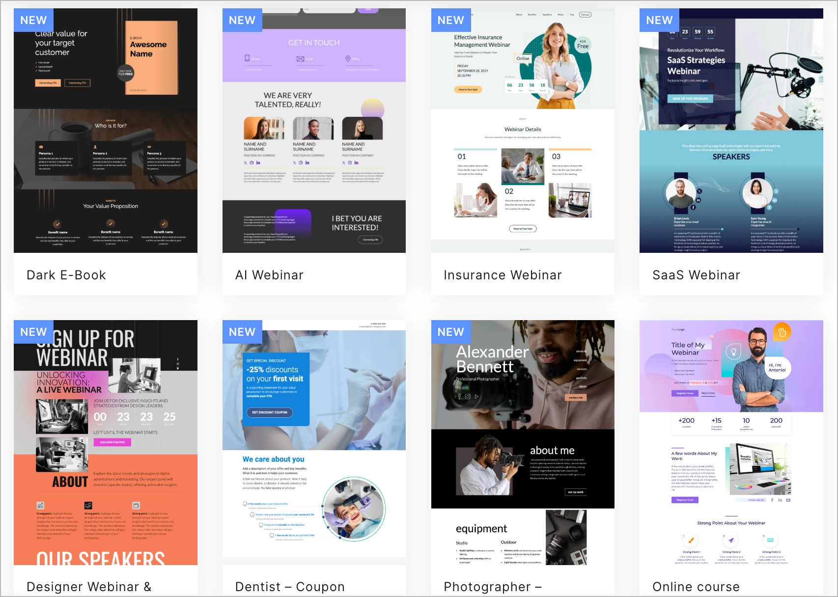 selecionando o modelo landing page na plataforma Landingi