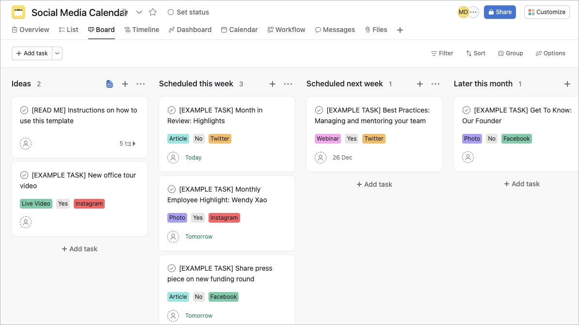 Mod&egrave;le de calendrier des m&eacute;dias sociaux d'Asana
