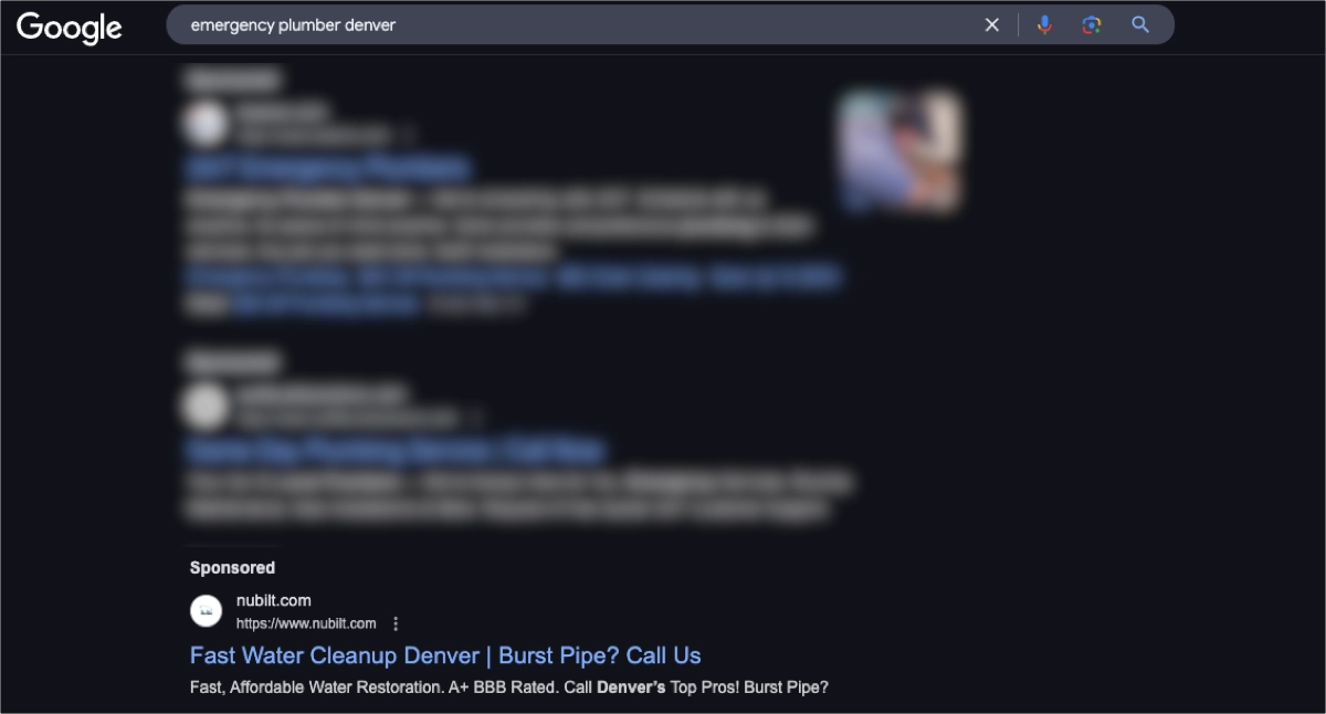 An&uacute;ncio da empresa de encanamento no Google