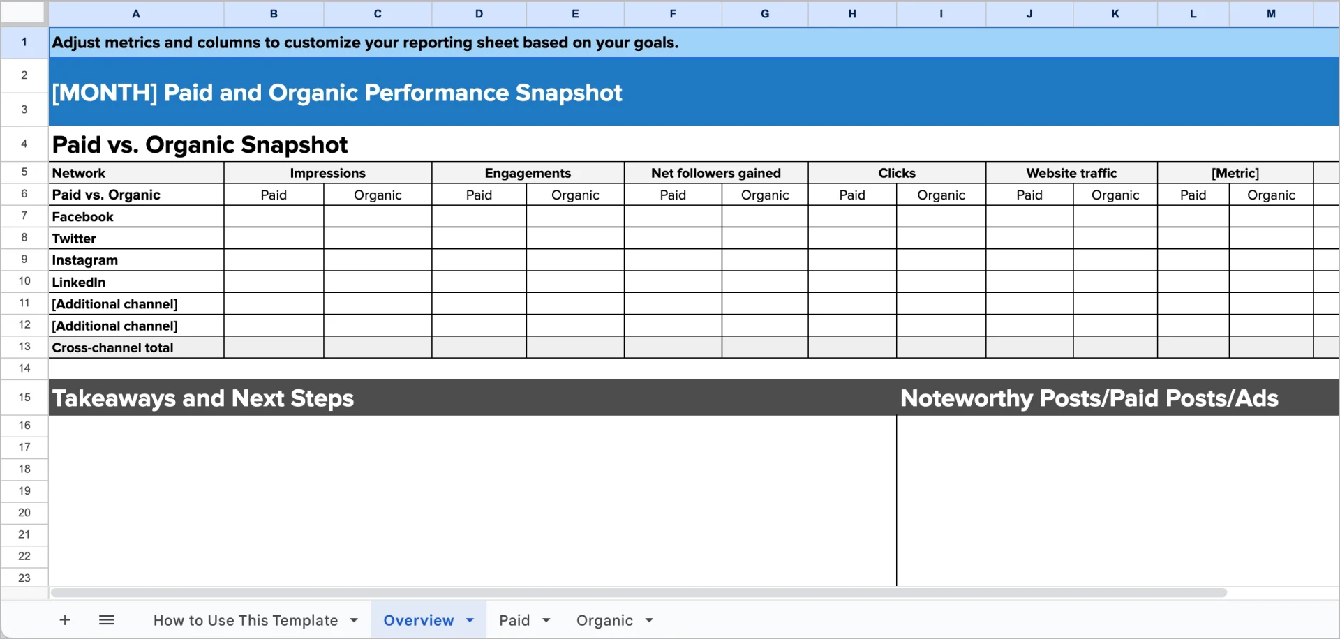 Modelo de planilha de an&aacute;lise de m&iacute;dia social para relat&oacute;rios pagos e org&acirc;nicos do Sprout Social