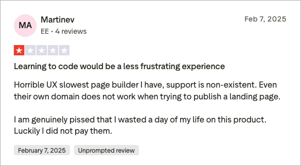 Negatywna opinia użytkownika ConvertFlow krytykująca powolne działanie, słabe wrażenia użytkownika i brak niezawodnego wsparcia technicznego.