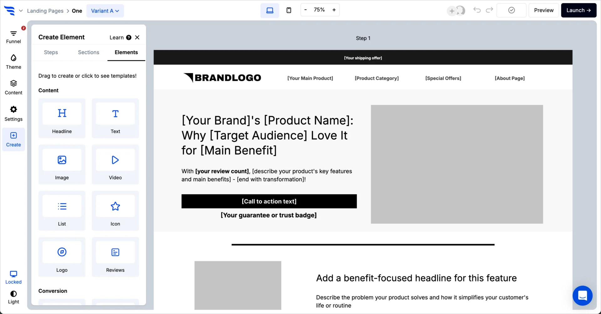 Edytor landing page'ów i lejków ConvertFlow z elementami treści, nagłówkami i sekcją wezwań do działania