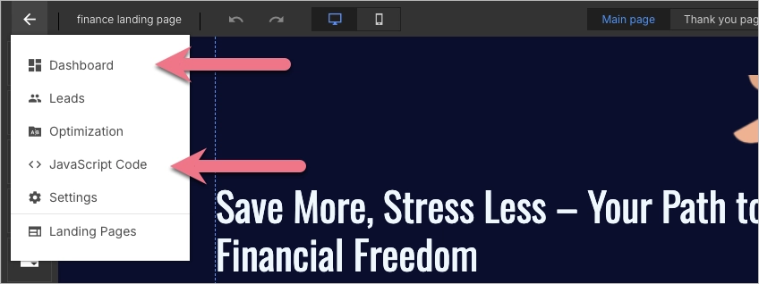 View of Landingi editor