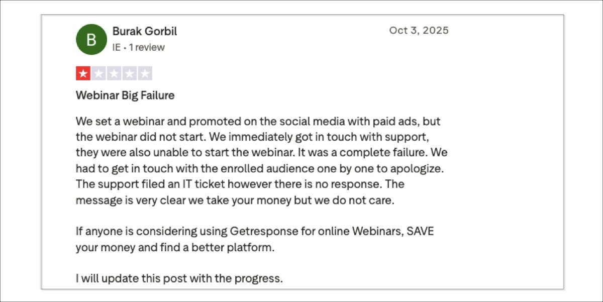 Negative user review - GetResponse