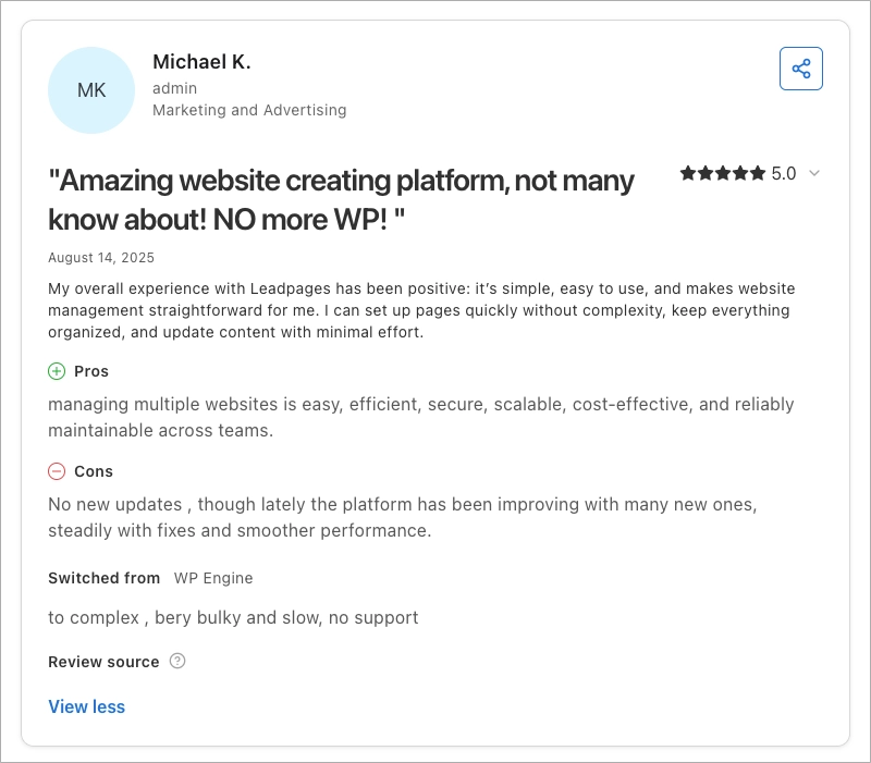 Pozytywna recenzja Leadpages, w której chwalą łatwość obsługi, proste zarządzanie stronami i skalowalność dla wielu stron internetowych.