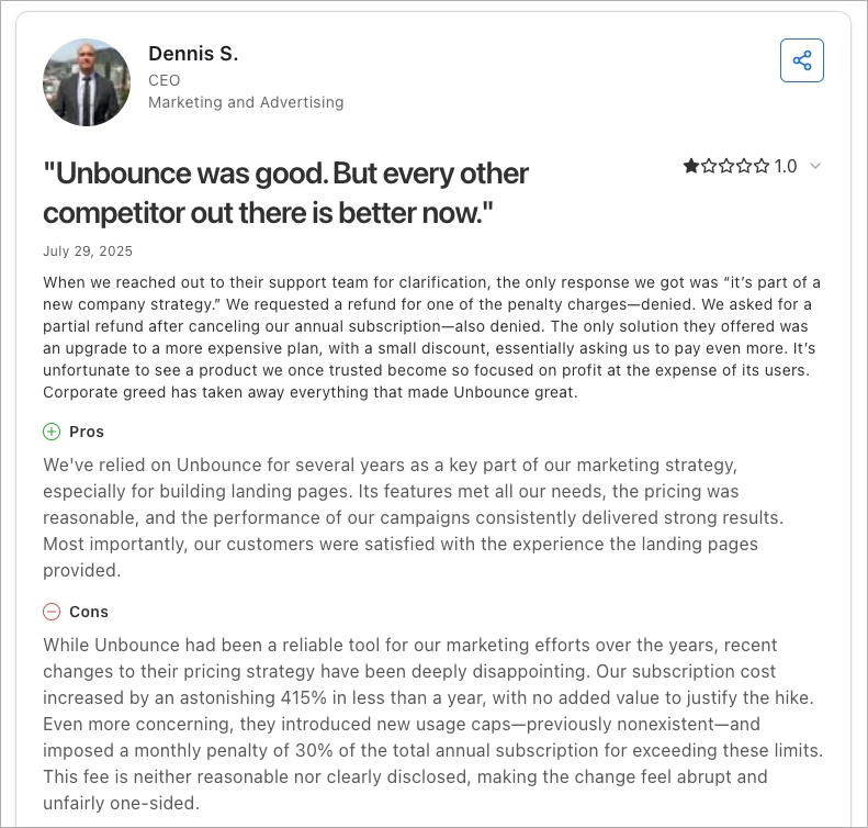 Negatywna opinia użytkownika serwisu Unbounce opisująca podwyżki cen, ograniczenia subskrypcji i niezadowolenie z odpowiedzi działu pomocy technicznej.