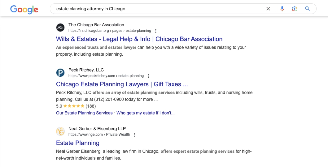 R&eacute;sultats dans les SERP lors de la recherche d'un avocat &agrave; Chicago
