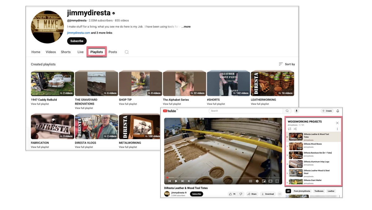 uploaded videos grouped in themed playlists