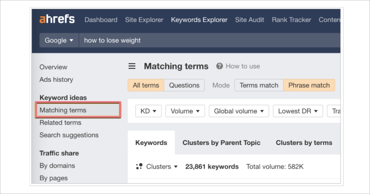 Ahrefs Keyword Explorer - Matching Terms