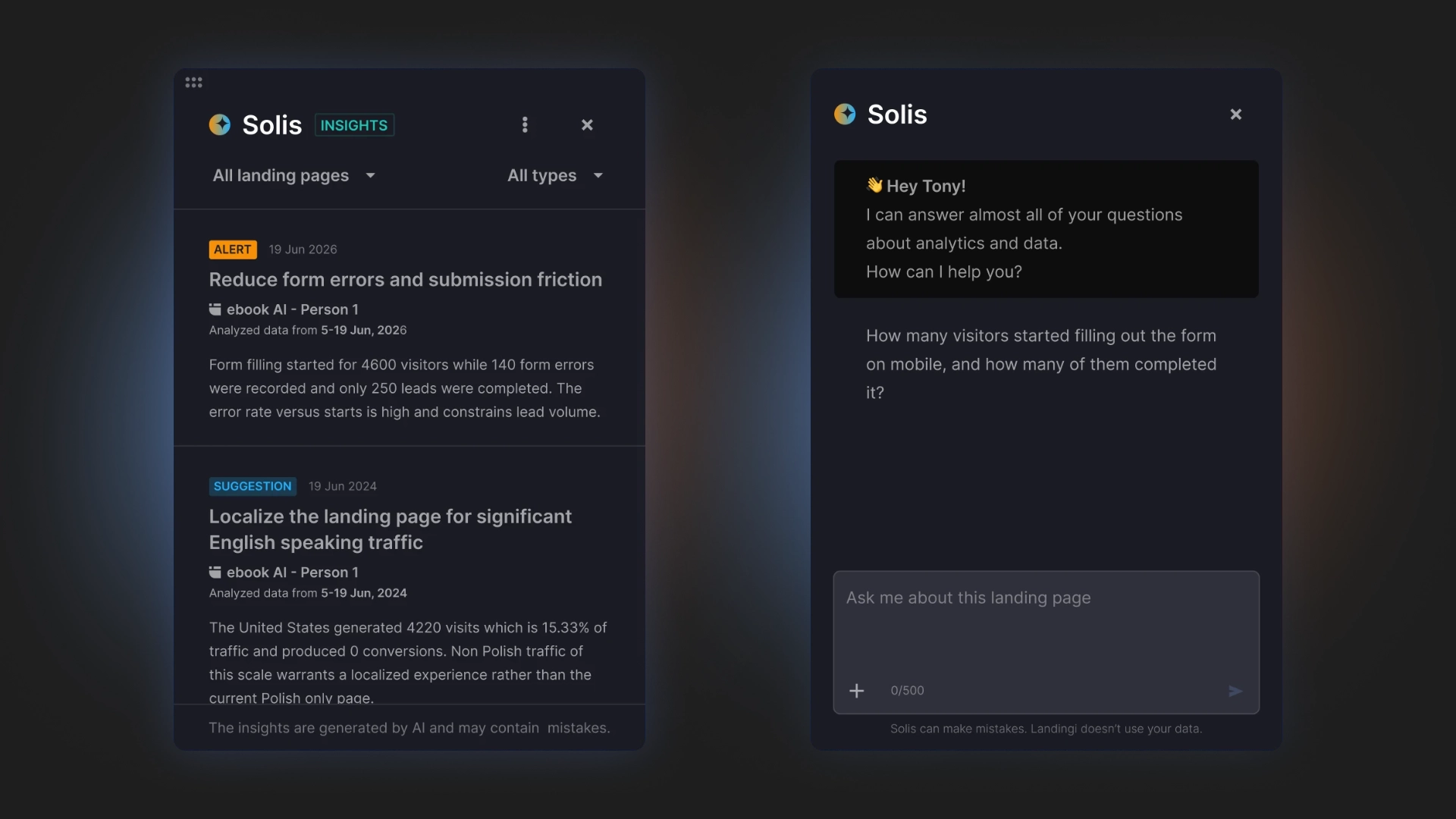Solis AI landing page optimization tool