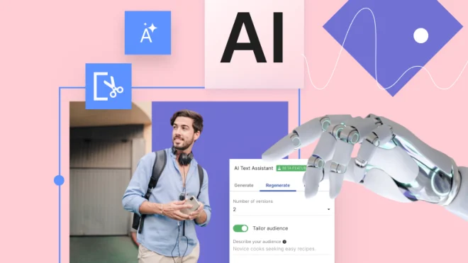 Une main de robot pointe vers une interface d&rsquo;IA, avec un homme et des ic&ocirc;nes num&eacute;riques en arri&egrave;re-plan sur une toile de fond rose.