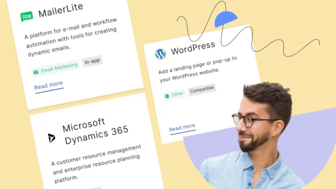 A man looks at cards showing MailerLite, WordPress, and Microsoft Dynamics 365 on a colorful background