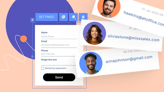 Settings form with name, email, and phone fields, overlaid with email addresses and profile photos