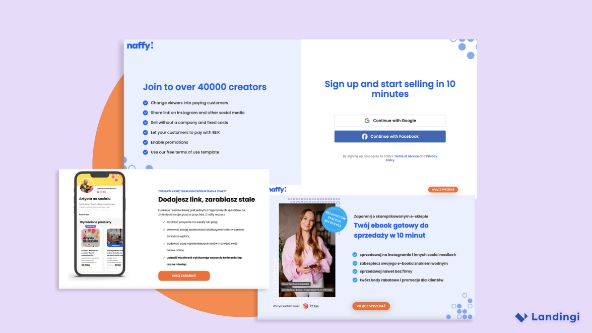 naffy landing pages showing simple signup flows with Google and Facebook login options.