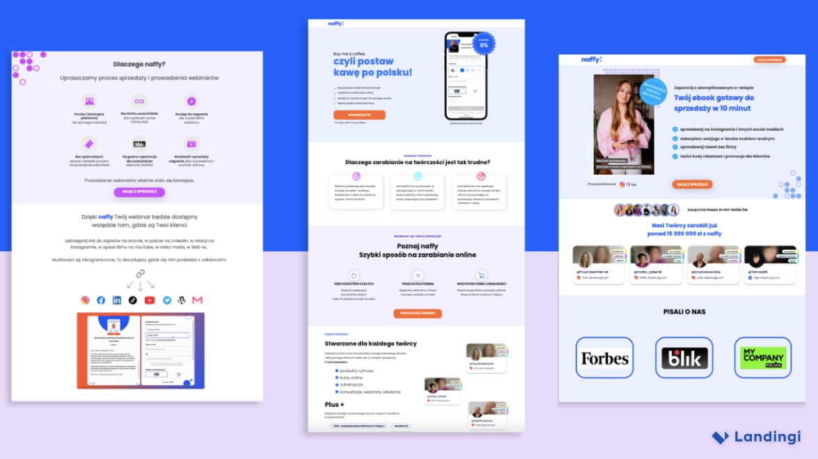 Examples of naffy landing pages using clean layouts, clear CTAs, and well-spaced sections to drive action.
