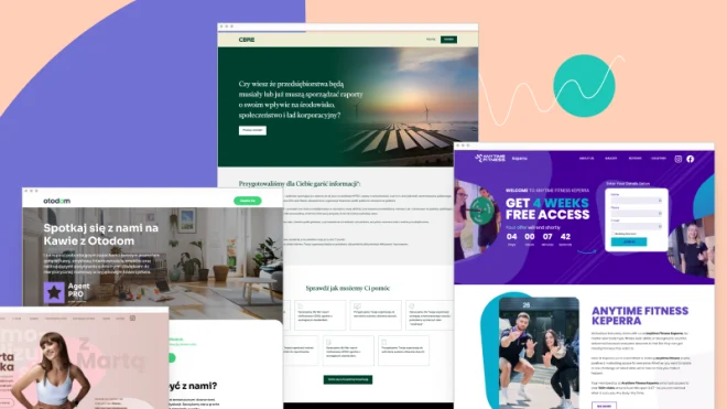 Collage of colorful website landing pages, including fitness, real estate, and environmental themes