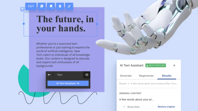 A robotic hand points toward a text box about AI, alongside a website interface labeled AI Text Assistant