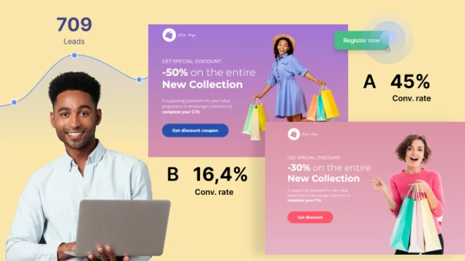A/B test results for online ads showing a woman with shopping bags, conversion rates of 45% and 16.4%, 709 leads