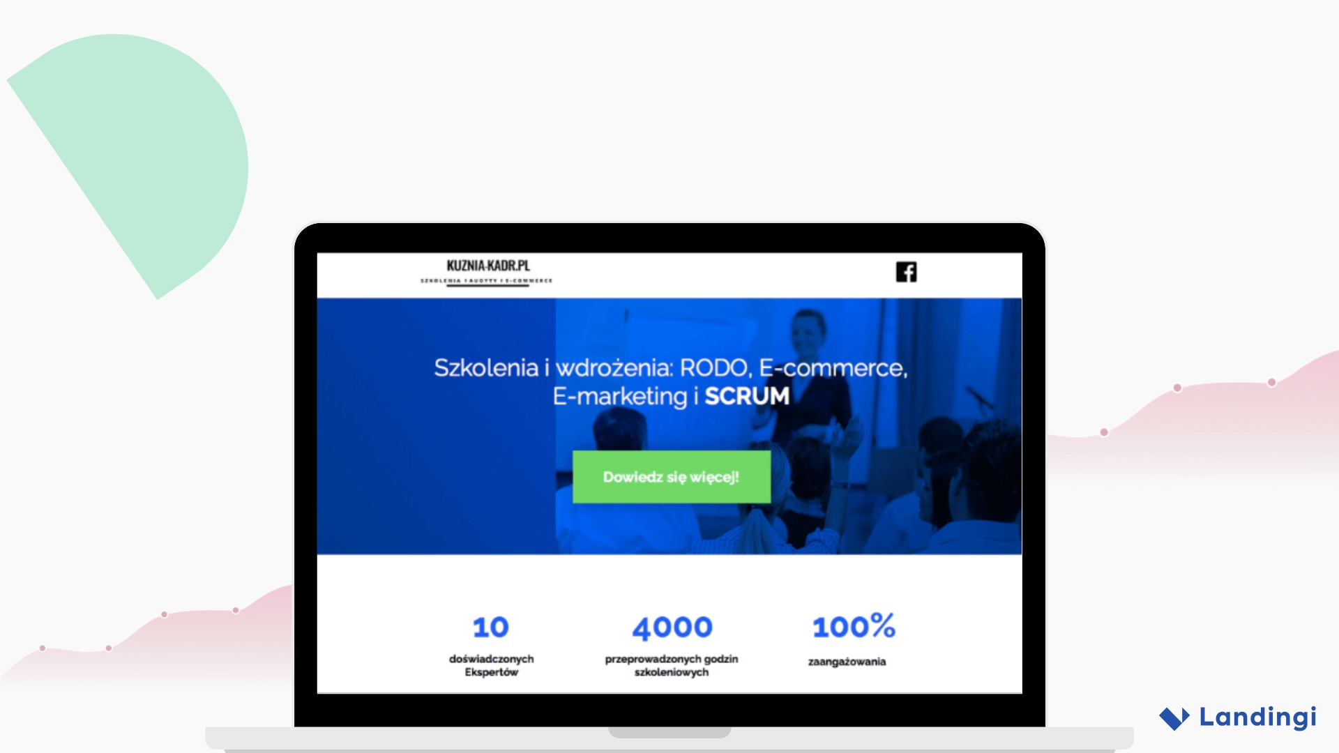 Screenshot di un sito Kuźnia-Kadr.pl landing page che promuove corsi di formazione in GDPR, e-commerce, e-marketing e Scrum.