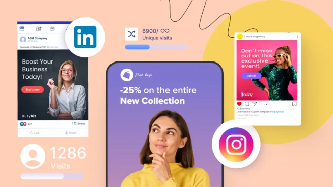 Woman thinking, surrounded by social media ad examples, visit statistics, and LinkedIn and Instagram logos