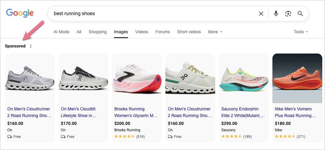 Google search ads example for "best running shoes" query.
