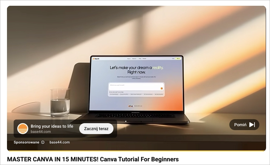 YouTube video ad example from Base44 promoting a Canva tutorial for beginners.