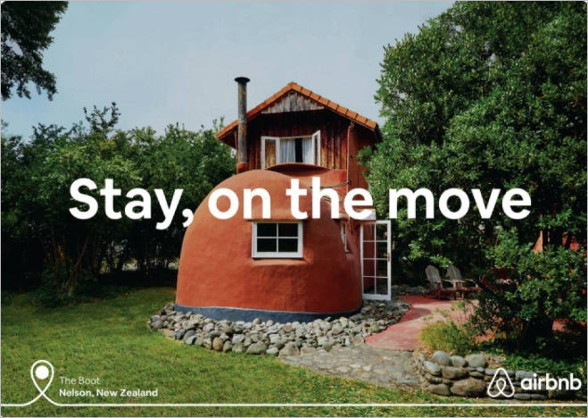 Display ad example from Airbnb featuring a New Zealand stay with the headline &ldquo;Stay, on the move.&rdquo;