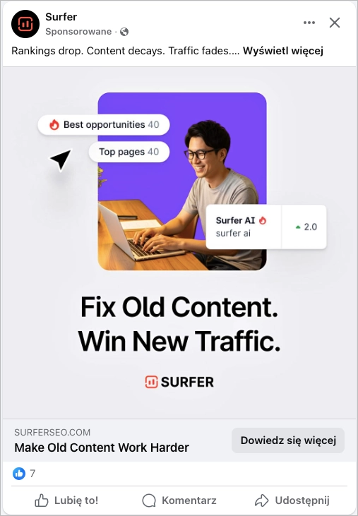 Facebook ad example from Surfer promoting its AI tool with the slogan &ldquo;Fix Old Content. Win New Traffic.&rdquo;