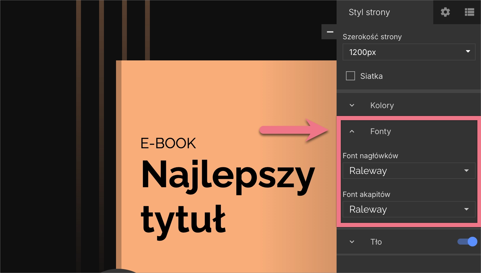 Zakładka globalnych fontów strony docelowej