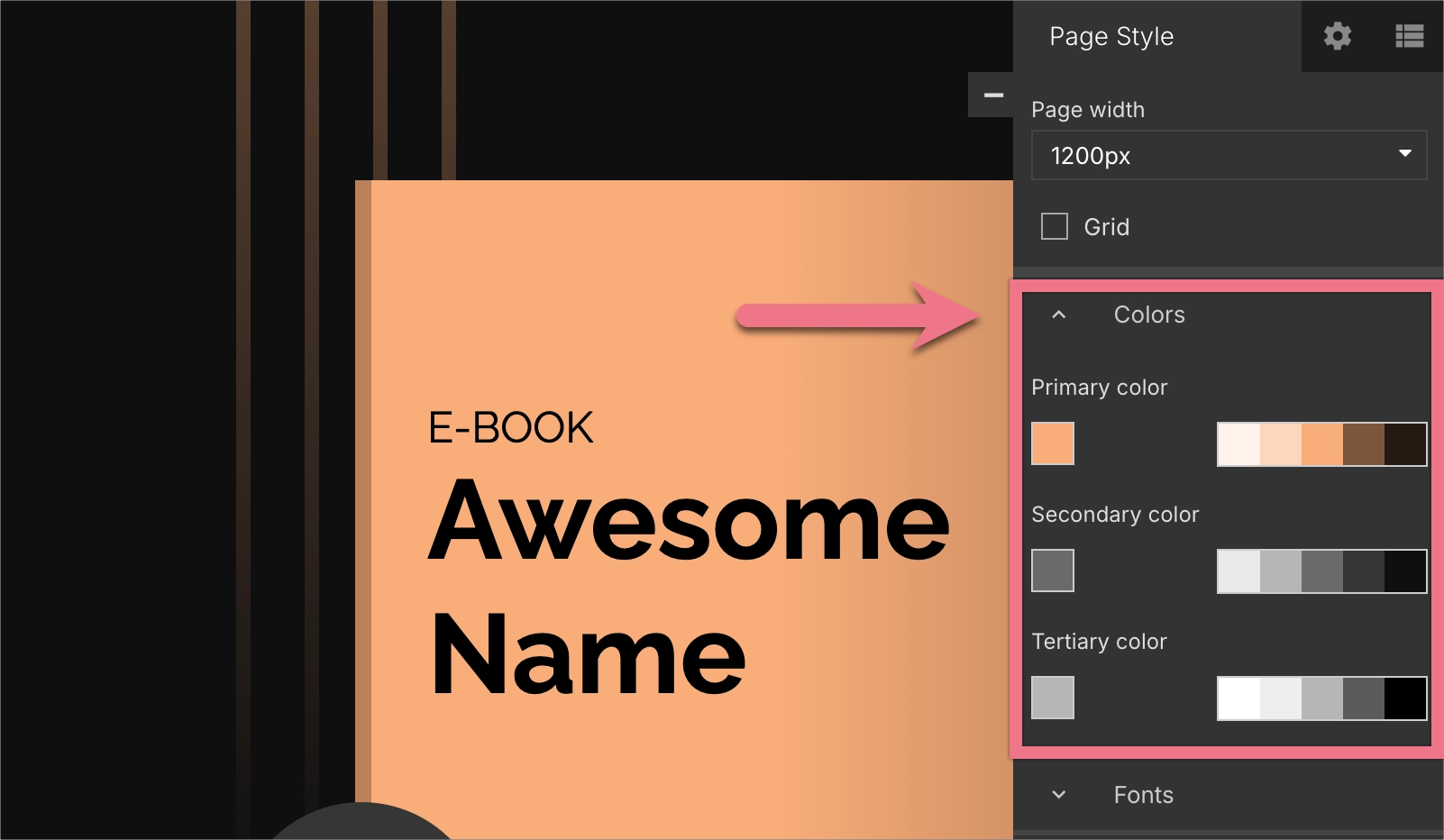 Landing page global colors tab
