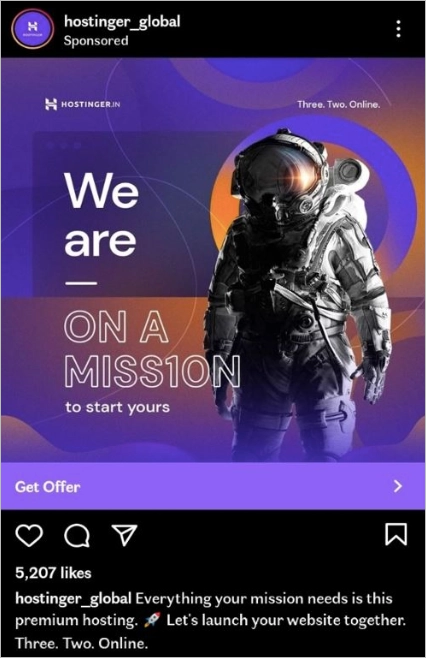 Instagram ad example from Hostinger featuring a space-themed &ldquo;We are on a miss10n&rdquo; campaign.