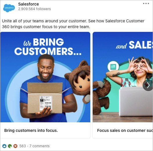 LinkedIn carousel ad example from Salesforce promoting Customer 360 with benefit-focused visuals.