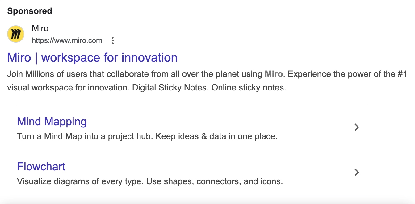 Google search ad example from Miro promoting workspace for innovation with sitelinks.