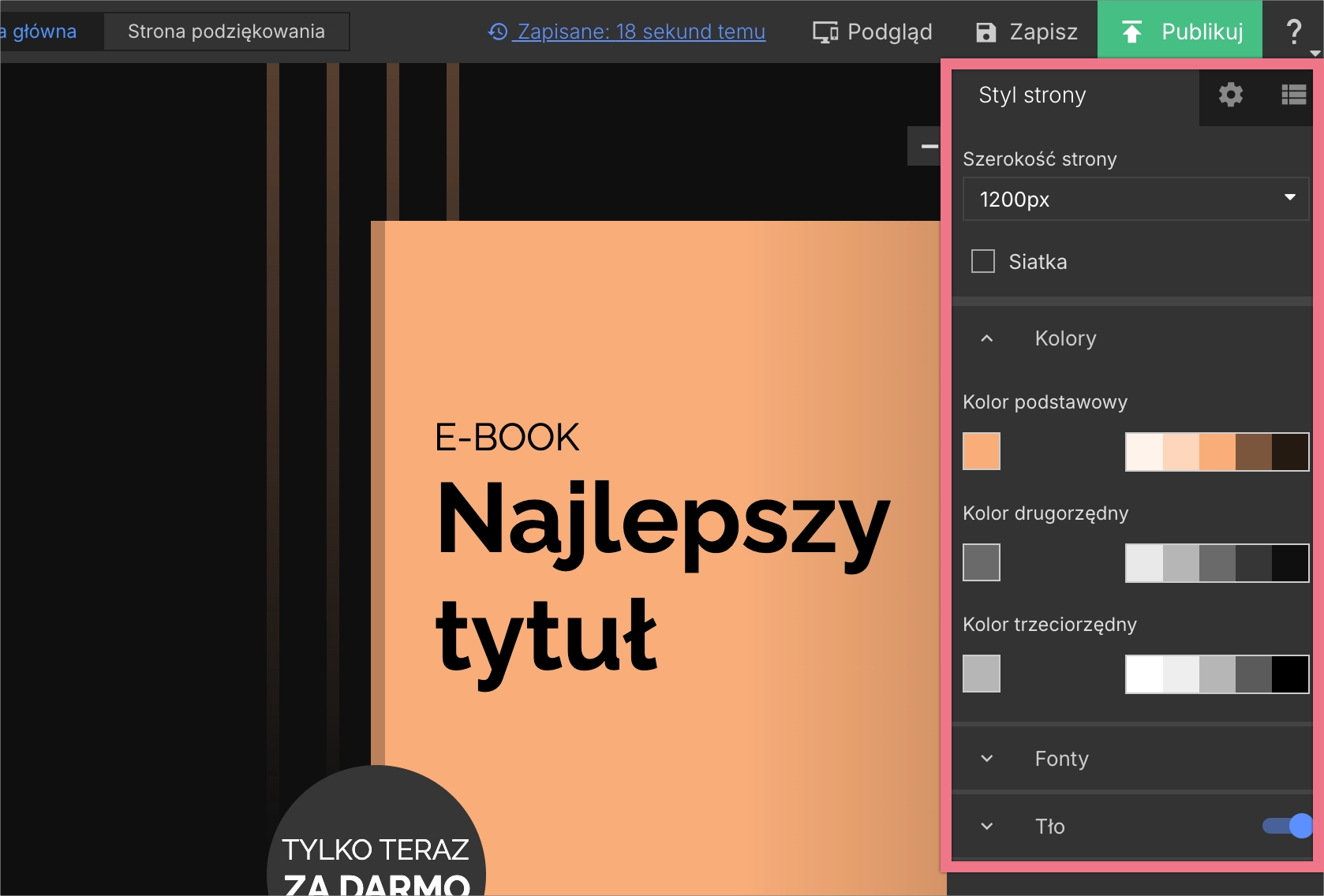 Zakładka Styl strony dla landing page