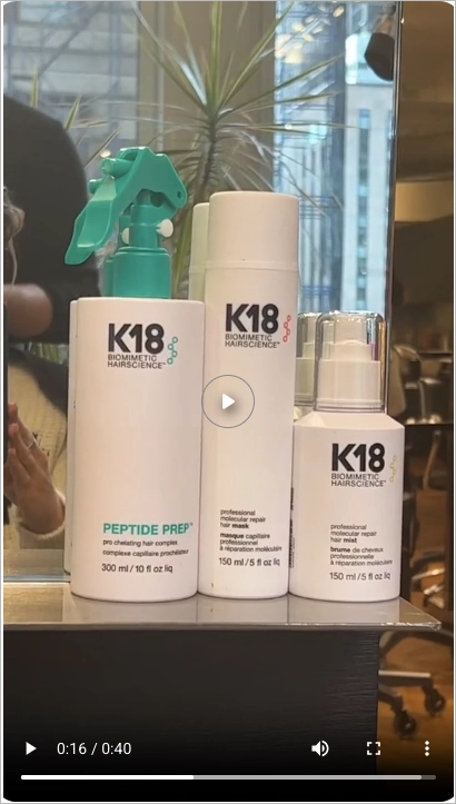 TikTok ad example from K18 Hair showing product trio in a real-life salon setting.