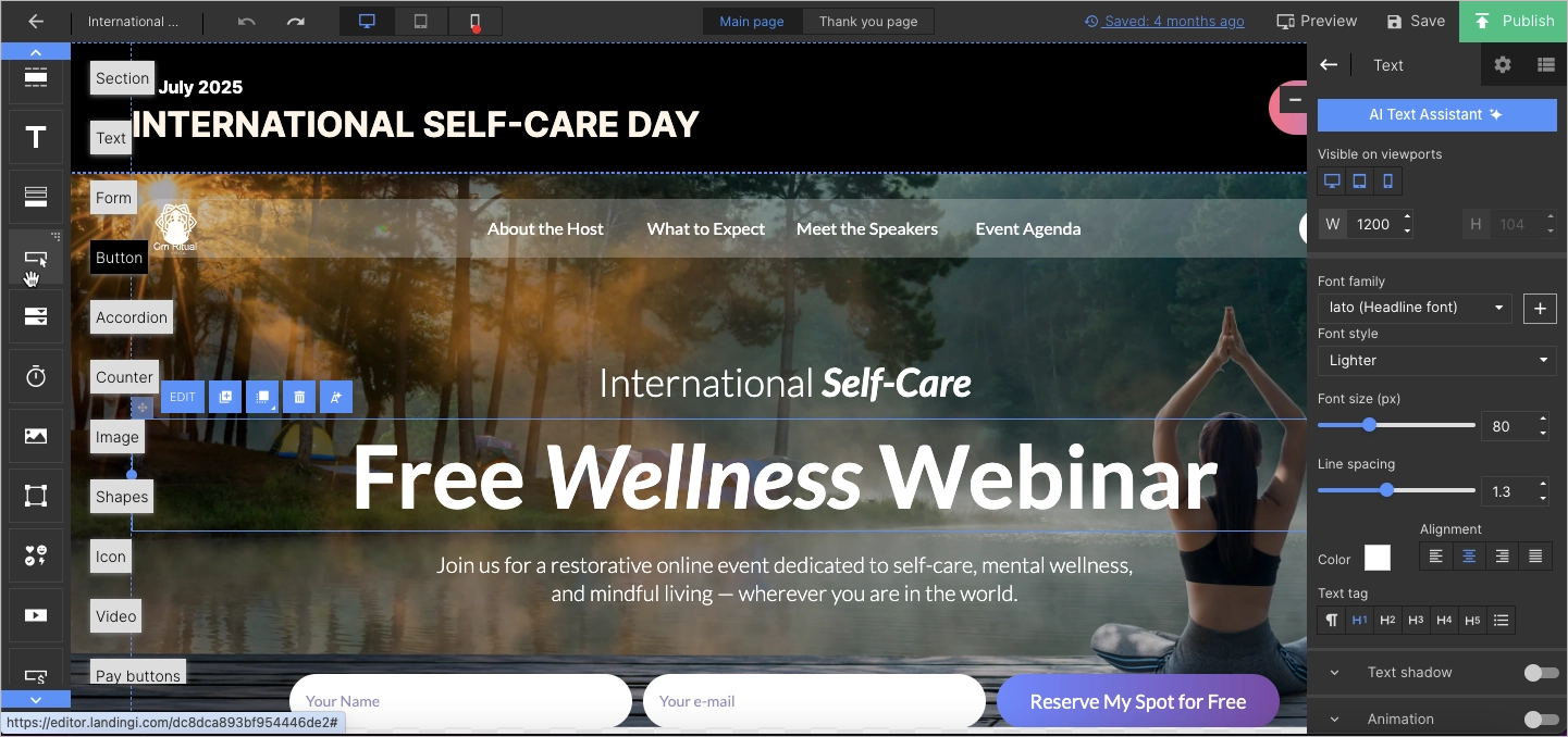 Landingi's drag and drop editor