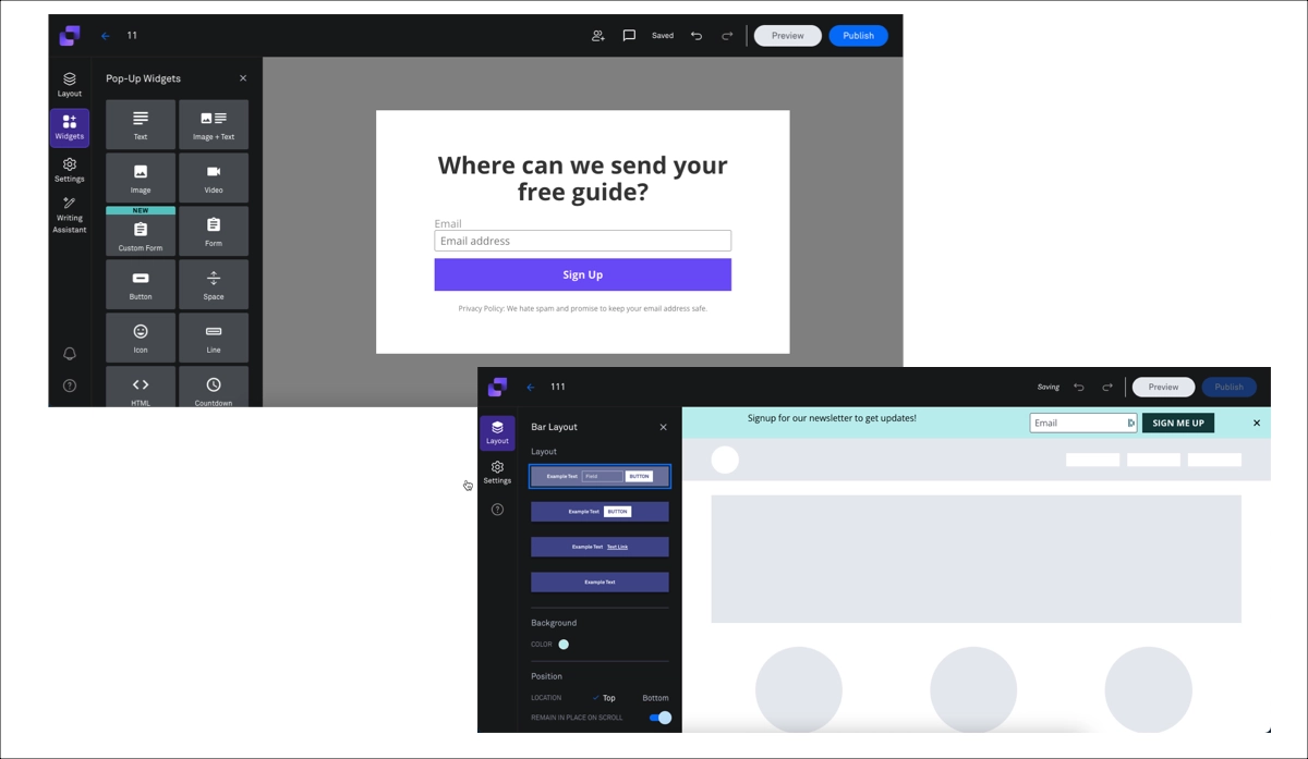 Leadpages-popups og advarselsbjælker