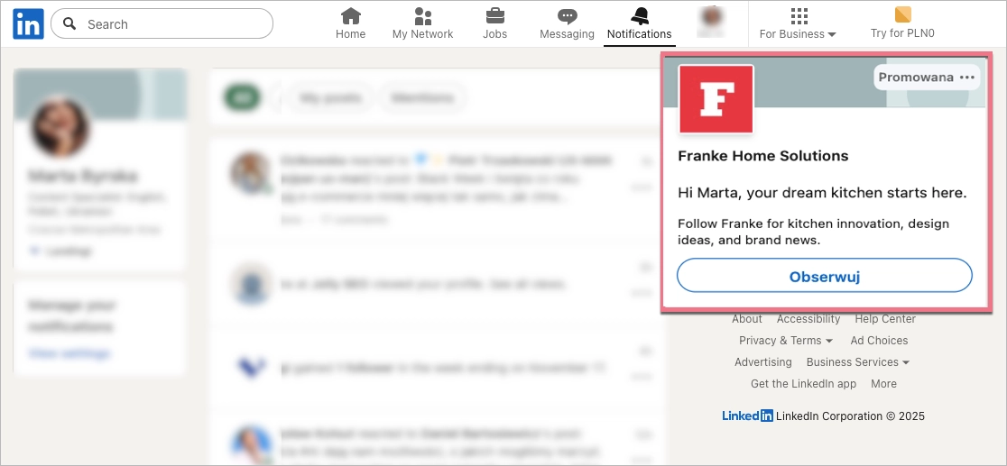 przykład reklamy dynamicznej na LinkedIn