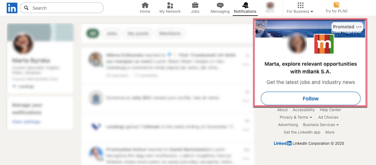 przykład reklamy dynamicznej na LinkedIn