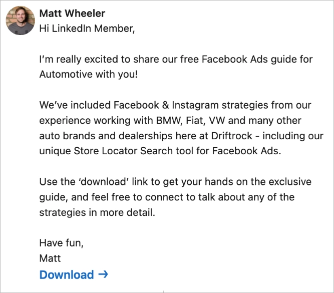 przykład wiadomości reklamowej LinkedIn