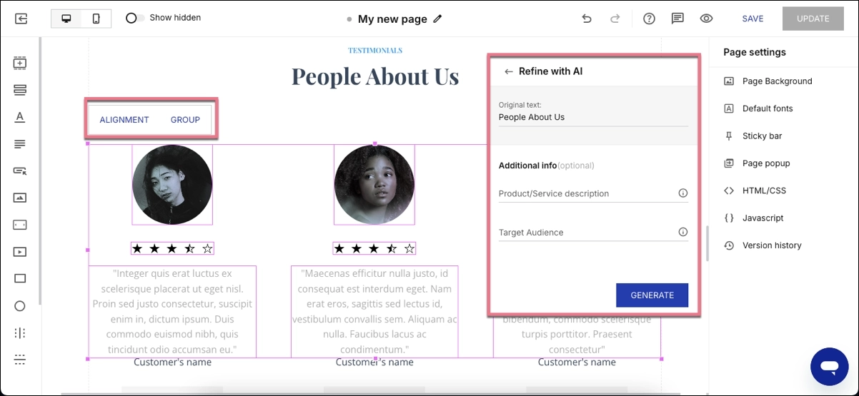 Instapage builder: drag-and-drop functionality, Group&Align option, AI content generation