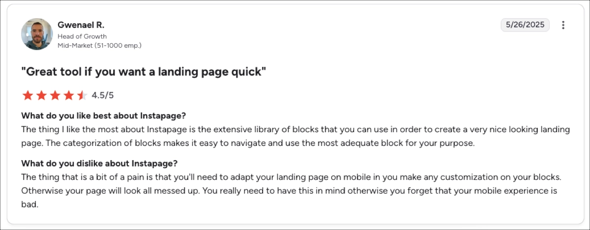Instapage review – large blocks library
