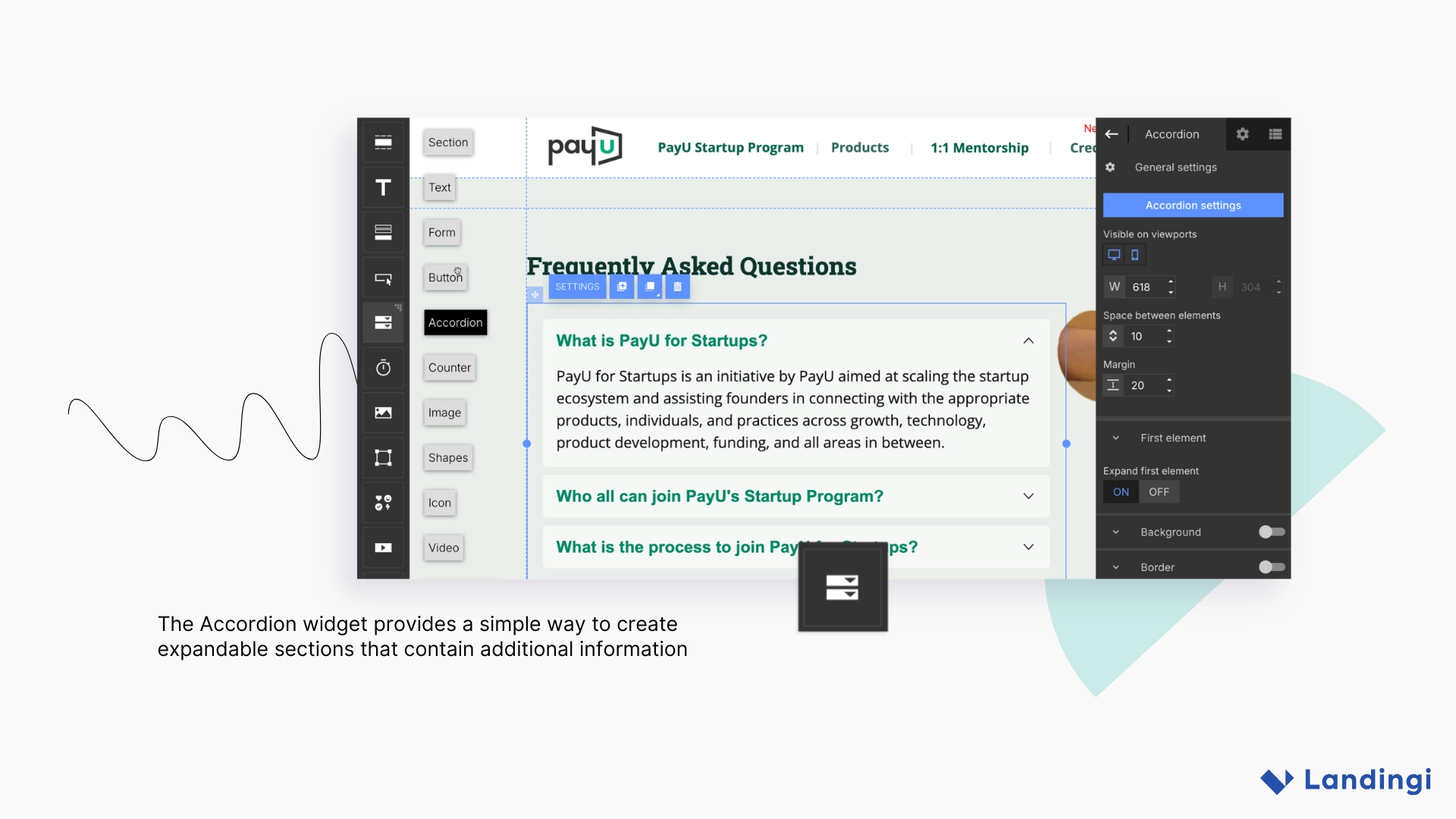 Accordion widget settings panel and FAQ section inside the editor, showing how PayU India uses expandable content blocks to organize additional information.