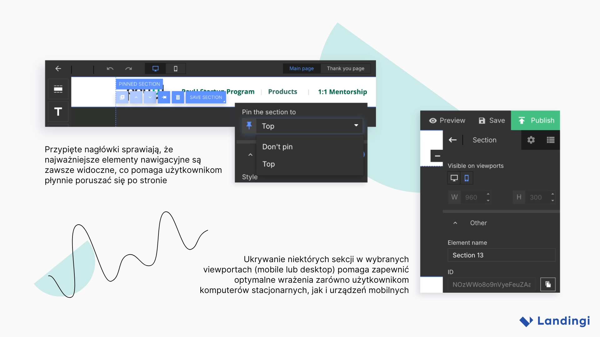 Jak przypiąć menu i ustawić widoczność elementów w Landingi