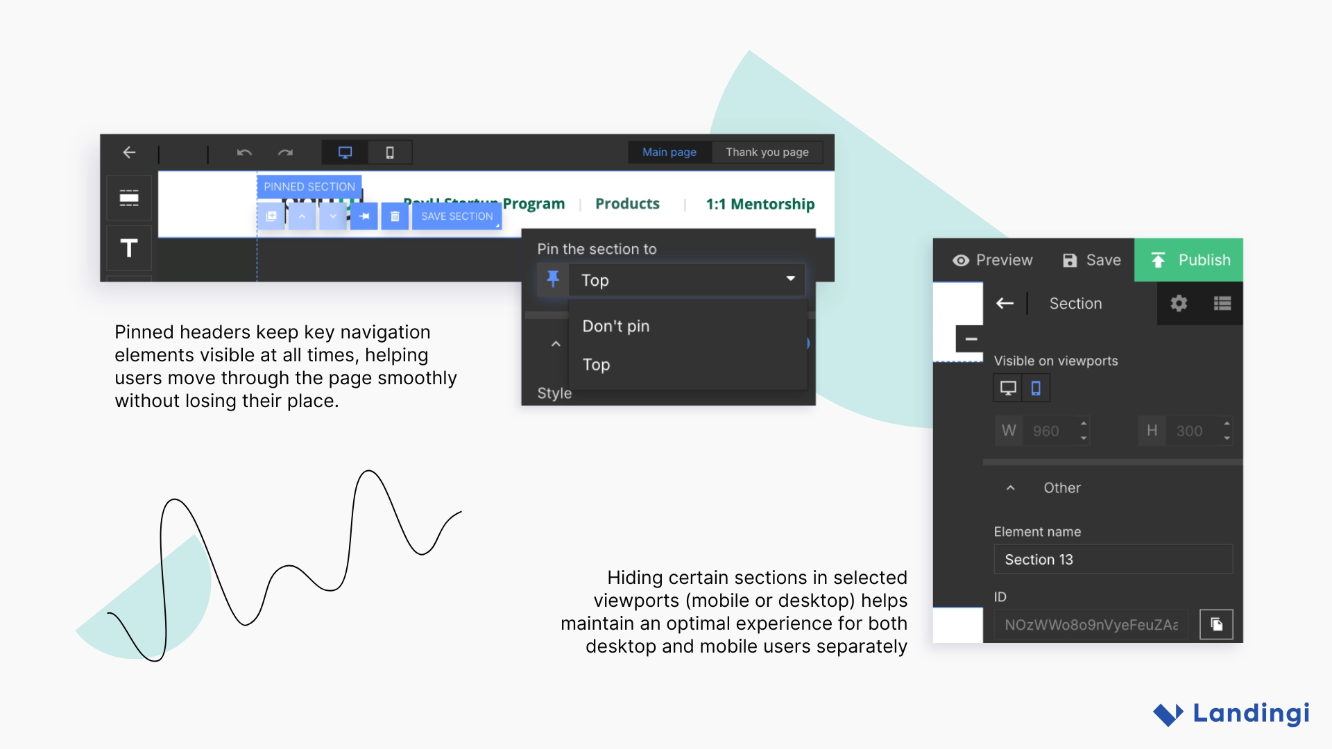Editor interface showing a pinned navigation header and viewport visibility settings, demonstrating how PayU India keeps navigation fixed and adjusts sections for desktop and mobile users.