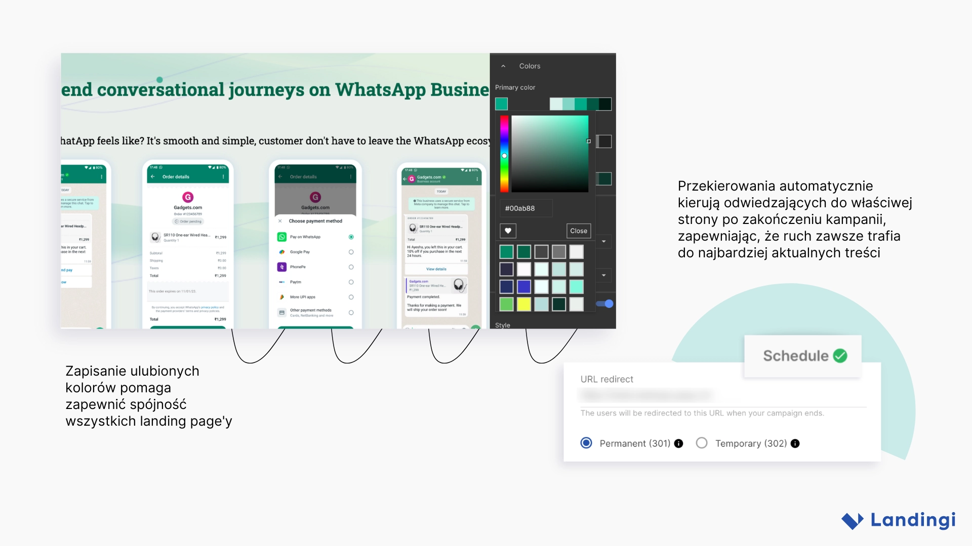 Widok edytora wyświetlający zapisane palety kolorów wraz z funkcją planowania przekierowań, ilustrujący sposób, w jaki PayU India zachowuje spójność wizualną i automatycznie przekierowuje użytkowników po zakończeniu kampanii.