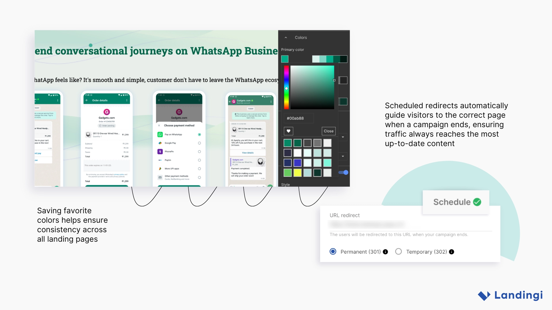 Editor view displaying saved color palettes alongside the redirect scheduling feature, illustrating how PayU India maintains visual consistency and automatically redirects users when a campaign ends.