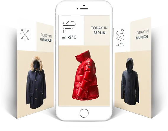 Mobile ad showing winter jackets matched to local weather conditions.