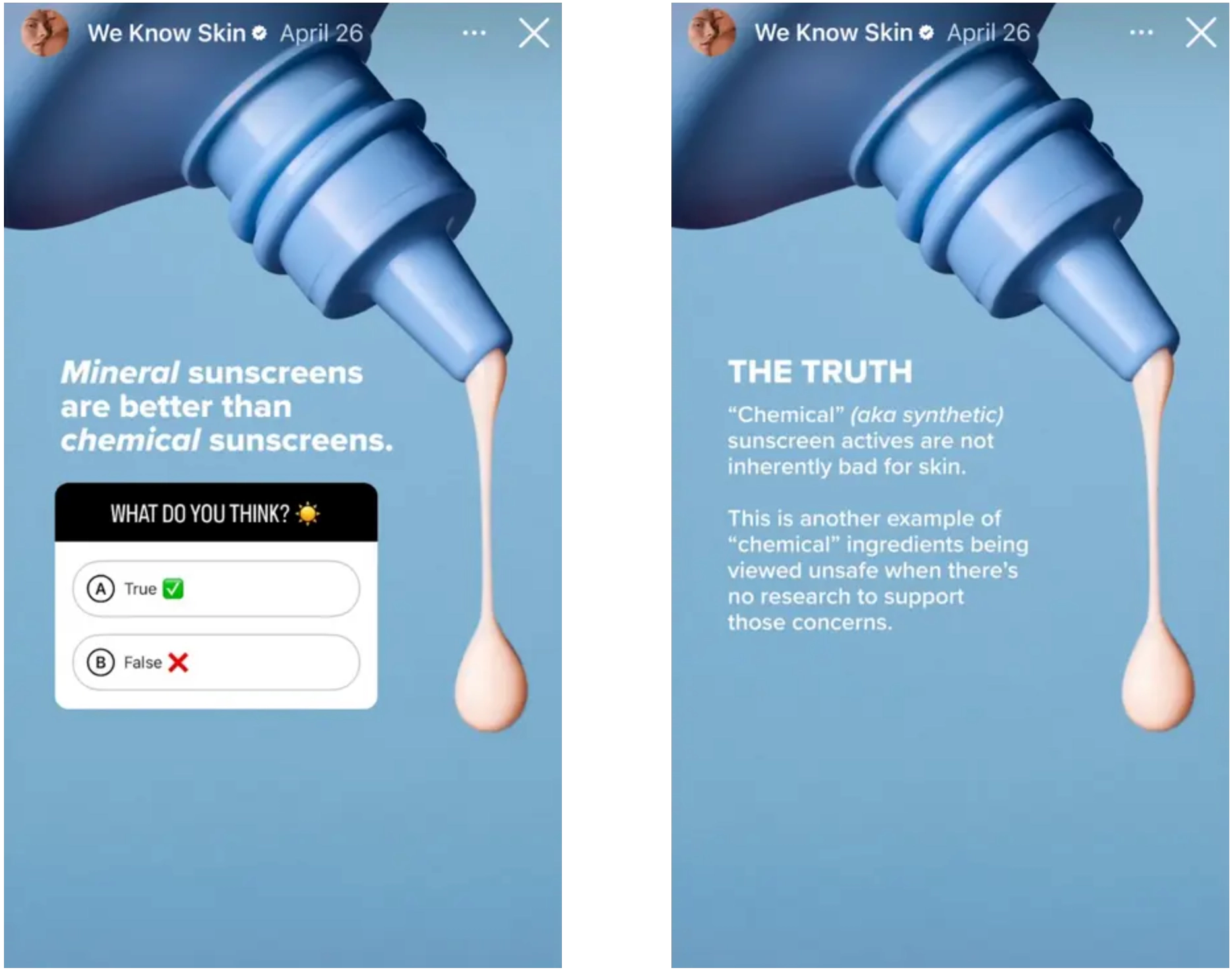 Two Instagram Story screens showing a poll and an educational slide, illustrating how interactive Stories can appear at the top of your Instagram feed and encourage audience engagement.
